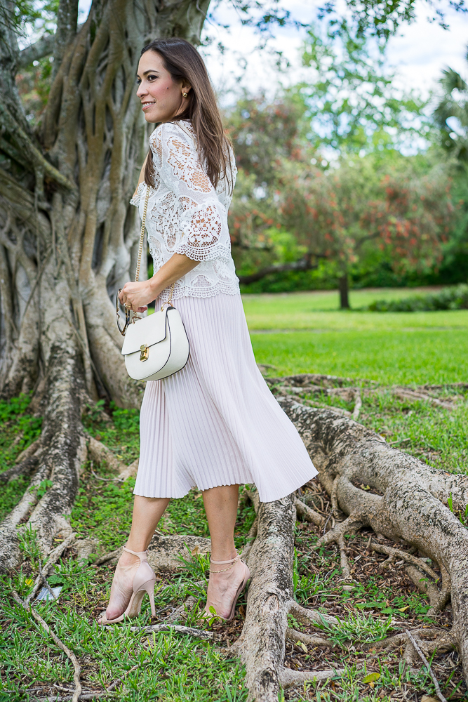 White lace bell sleeve top and blush pleated skirt-7