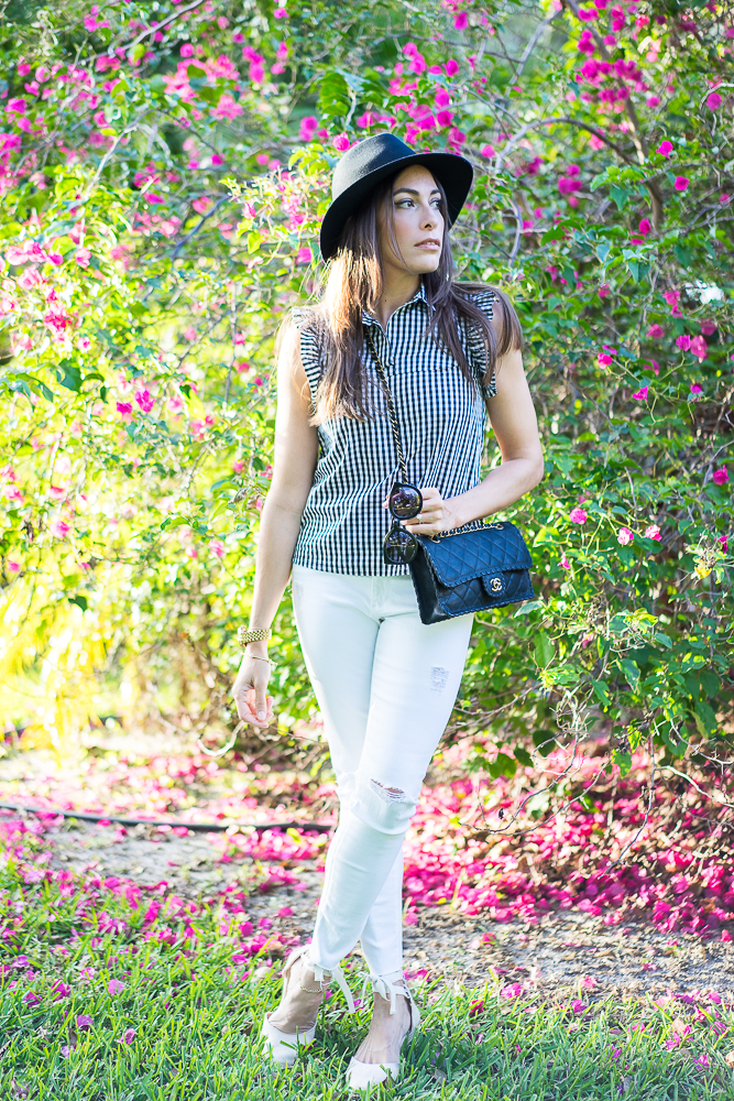 Zara Gingham top_Chanel fashion bag_AG white jeans