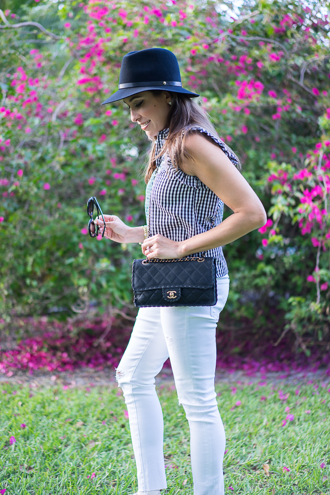 Zara Gingham top_Chanel fashion bag_distressed AG Adriano Goldschmeid white jeans