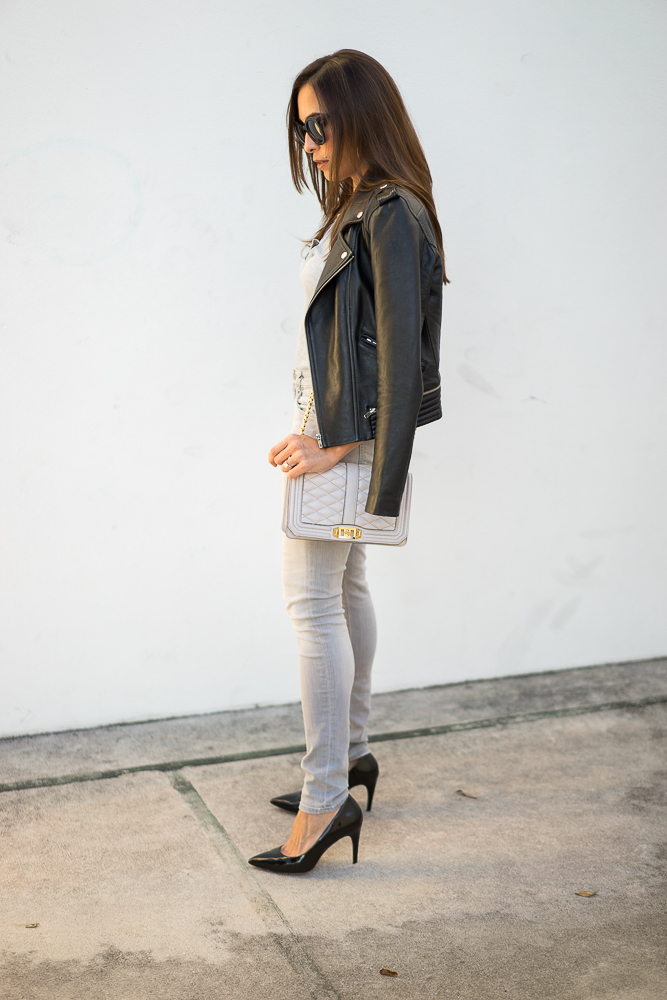 Sheinside lace up bodysuit and Maje leather moto jacket