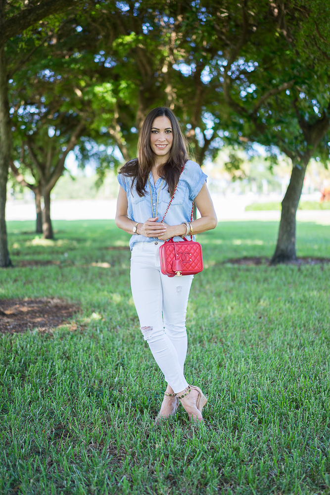 Bella Dahl chambray top, Chanel red vanity case bag, Fourth of July outfit