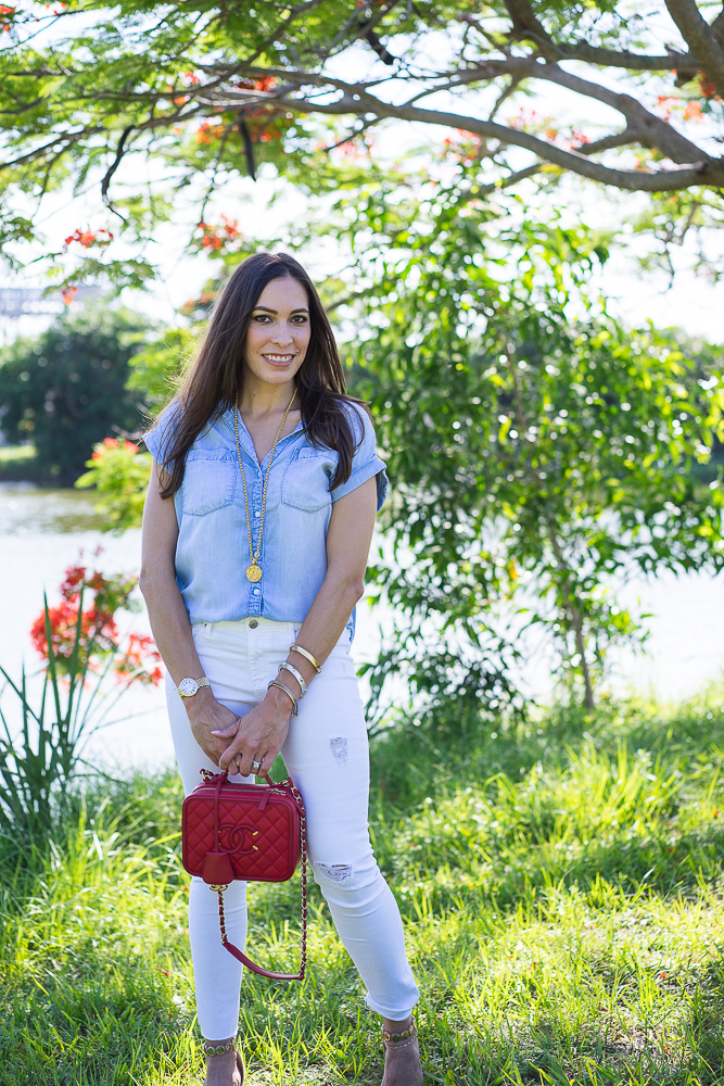 Bella Dahl chambray top, Chanel red vanity case bag, Fourth of July outfit