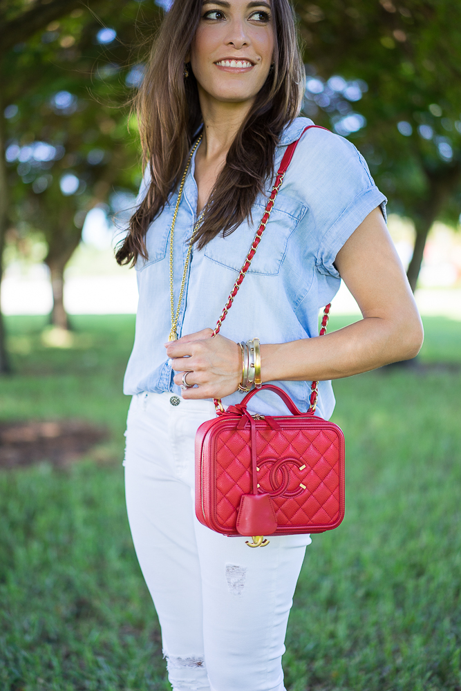 Bella Dahl chambray top, Chanel red vanity case bag, Fourth of July outfit