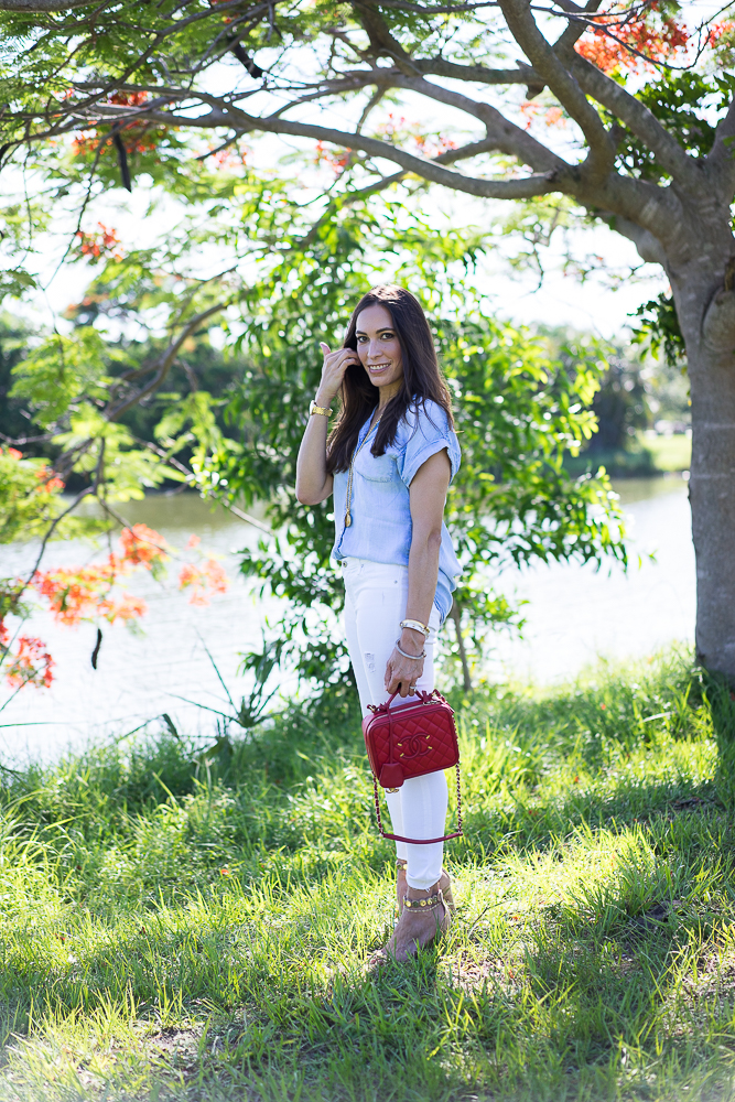 Bella Dahl chambray top, Chanel red vanity case bag, Fourth of July outfit