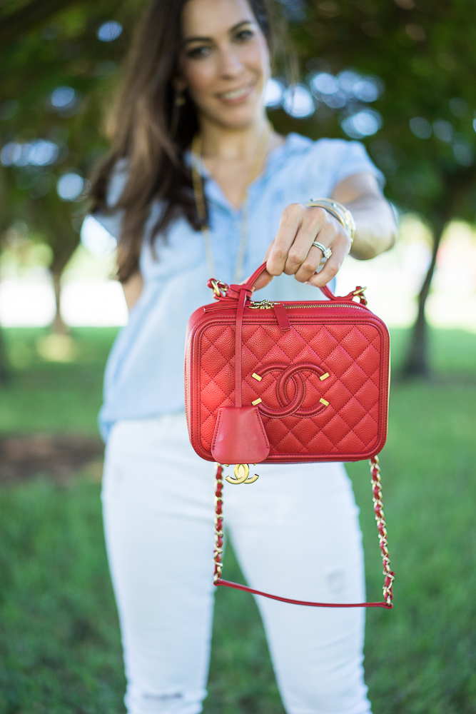 Bella Dahl chambray top, Chanel red vanity case bag, Fourth of July outfit