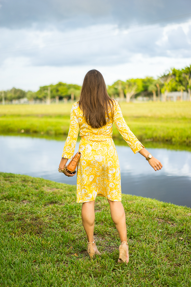 DVF Vintage Wrap Dress, Diane Von Furstenberg wrap dress, wrap dress, yellow dress, DVF wrap dress