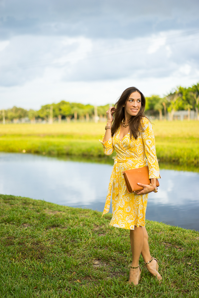 DVF Vintage Wrap Dress, Diane Von Furstenberg wrap dress, wrap dress, yellow dress, DVF wrap dress