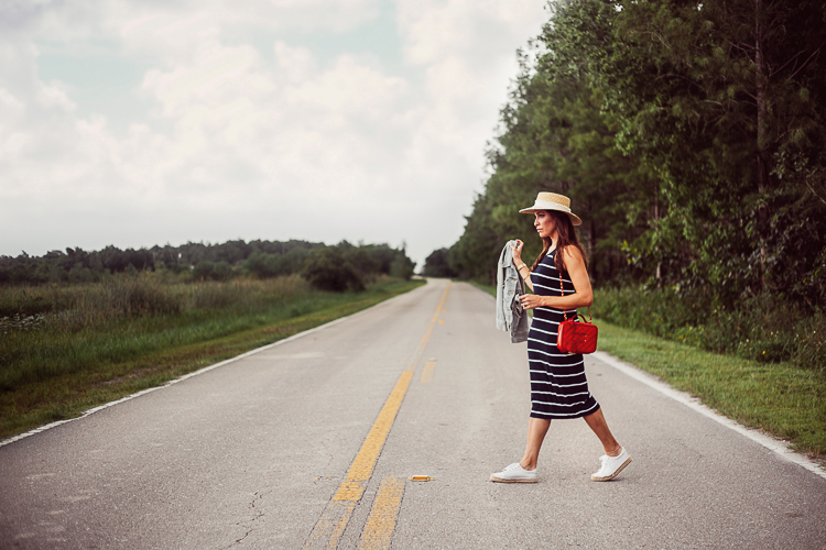 Old Navy Striped Midi Dress, Fourth of July outfit inspiration, Soludos espadrille platform sneaker, Red chanel bag, straw boater hat