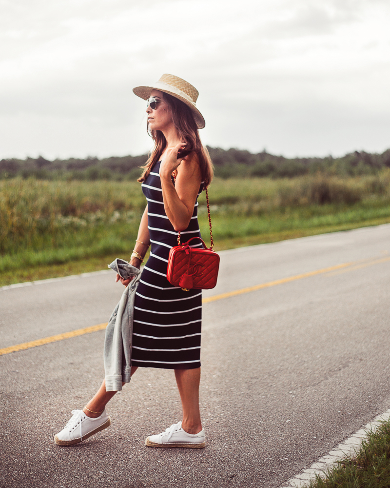 Old Navy Striped Midi Dress, Fourth of July outfit inspiration, Soludos espadrille platform sneaker, Red chanel bag, straw boater hat