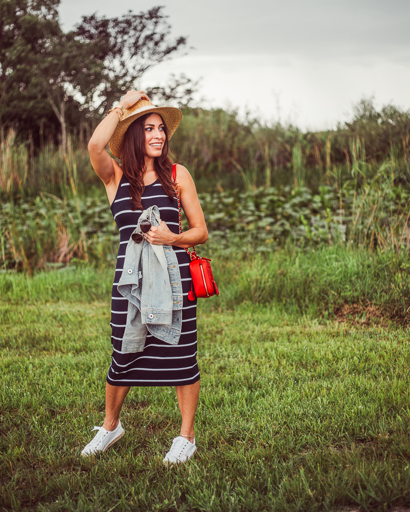 Old Navy Striped Midi Dress, Fourth of July outfit inspiration, Soludos espadrille platform sneaker, Red chanel bag, straw boater hat