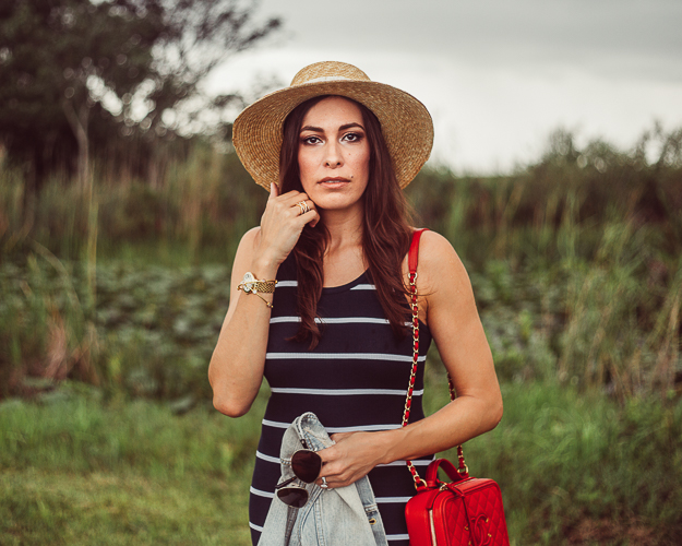 Old Navy Striped Midi Dress, Fourth of July outfit, Soludos espadrille platform sneaker, Red chanel bag, straw boater hat