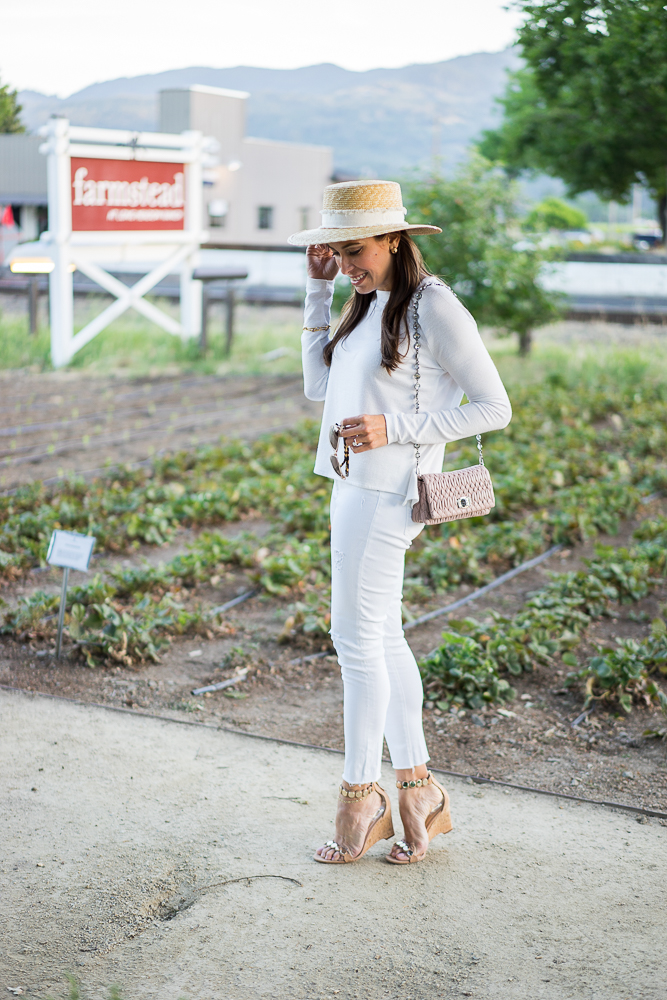 Rag and Bone Laurie straw boater hat and AG white distressed jeans-2