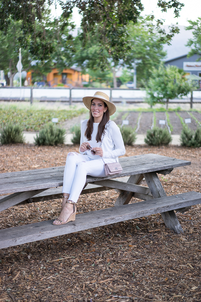 Rag and Bone raglan top, AG white jeans, Rag and Bone Laurie boater hat