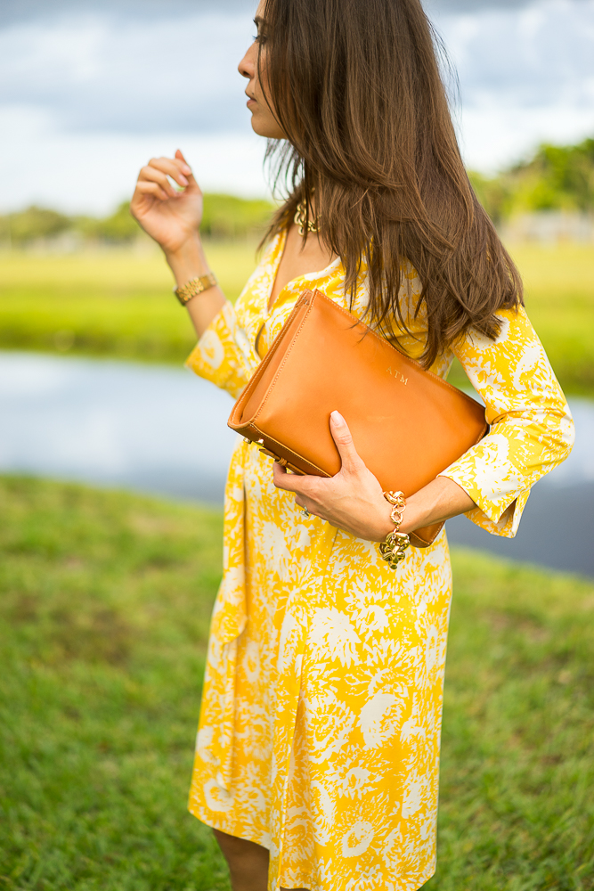 DVF Vintage Wrap Dress, Diane Von Furstenberg wrap dress, wrap dress, yellow dress, WLFK x Gigi New York, Gigi New York clutch, leather clutch