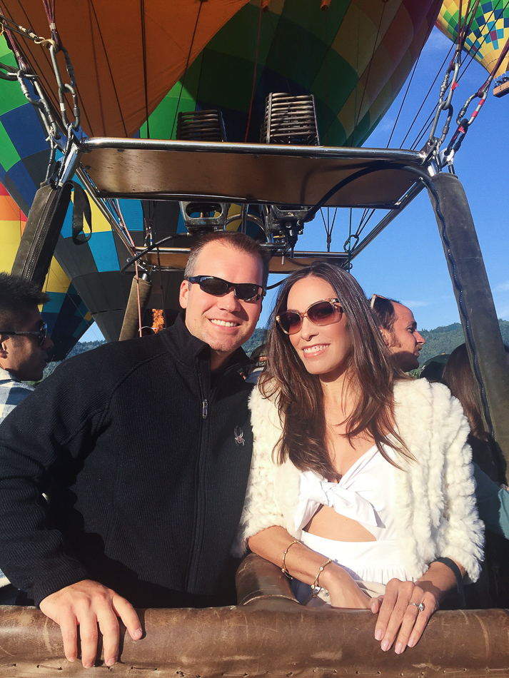 BCBG fur shrug, White bow midi dress, Napa Valley hot air balloon ride