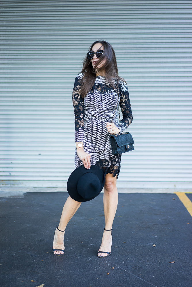 DVF Lace dress, DVF Ernestina dress, Chanel black bag, Rag and Bone black fedora