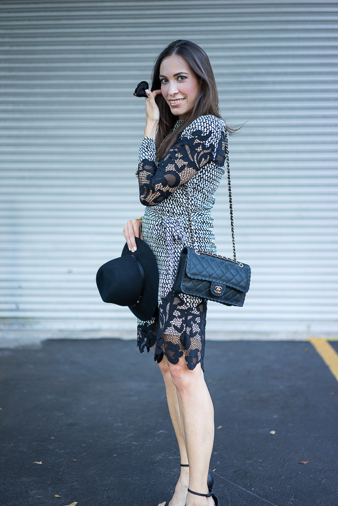 DVF Lace dress, DVF Ernestina dress, Chanel black bag, Rag and Bone black fedora