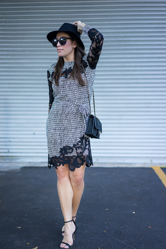 DVF Lace dress, DVF Ernestina dress, Chanel black bag, Rag and Bone black fedora