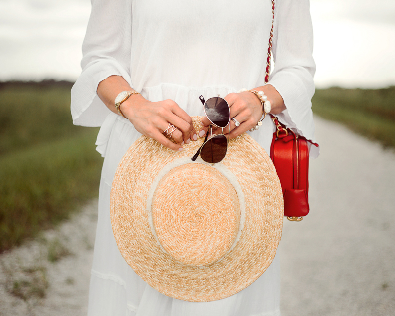 Rag and Bone Laurie straw boater hat, Warby Parker aviators