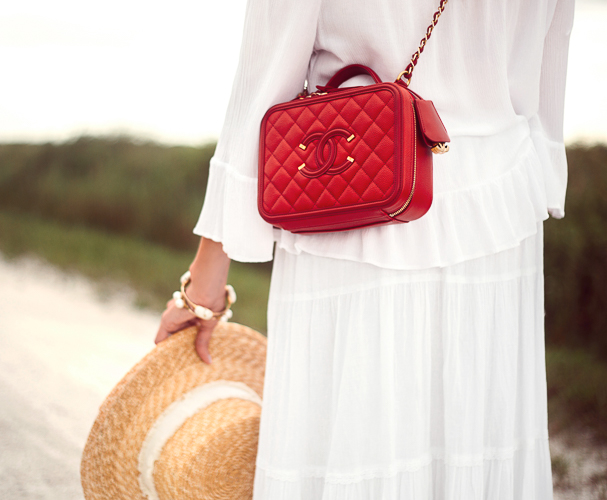 Red Chanel bag, Rag and Bone straw boater hat