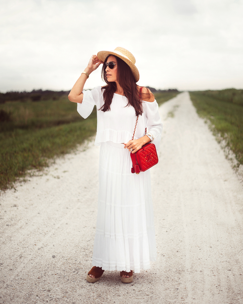 White maxi skirt, Red Chanel bag, Summer style