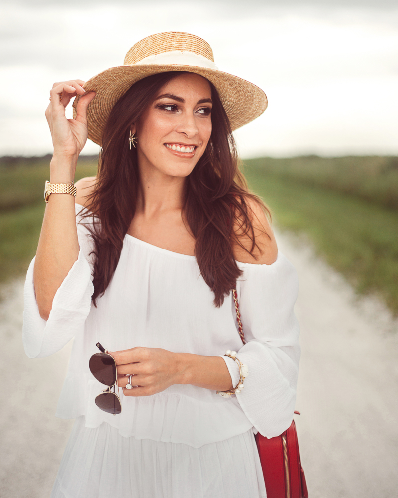 White maxi skirt, Summer style, Red Chanel bag