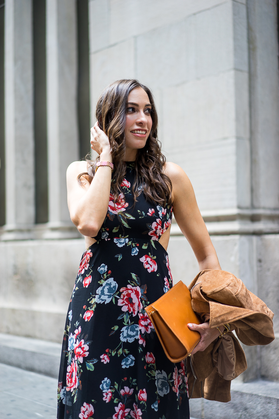 a-glam-lifestyle-blogger, zara-floral-maxi-dress, gigi-new-york-leather-clutch, tan-suede-jacket, steve-madden-lace-up-sandals, new-york-fashion-week-outfit-2