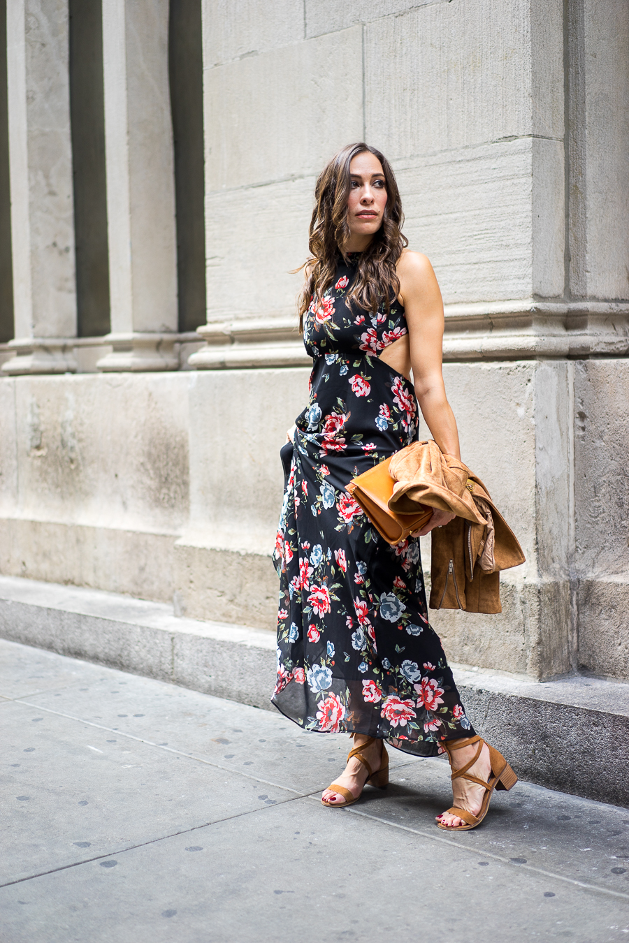 a-glam-lifestyle-blogger, zara-floral-maxi-dress, gigi-new-york-leather-clutch, tan-suede-jacket, steve-madden-lace-up-sandals, new-york-fashion-week-outfit