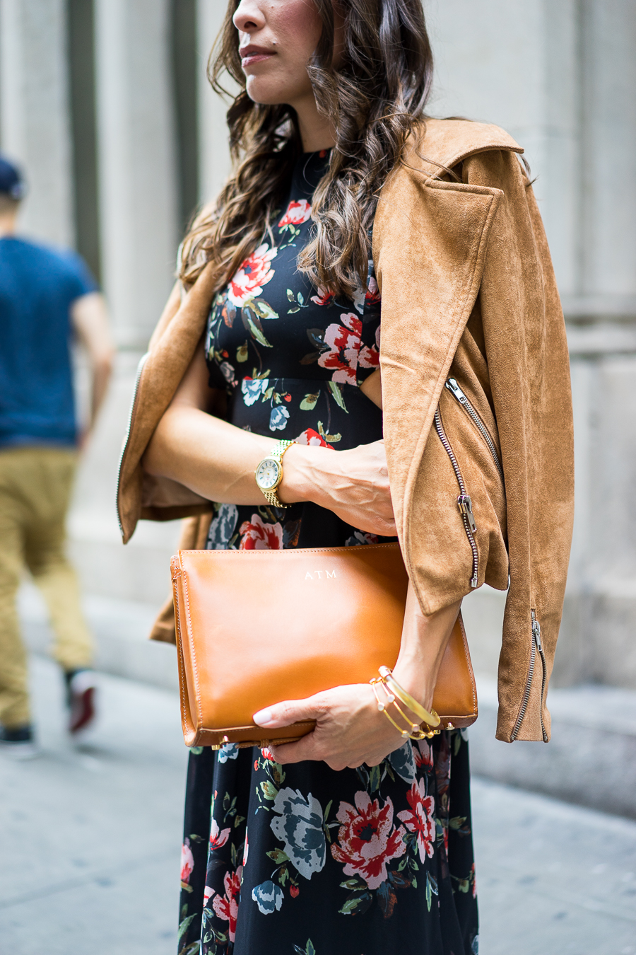 a-glam-lifestyle-blogger, zara-floral-maxi-dress, gigi-new-york-leather-clutch, tan-suede-jacket, new-york-fashion-week-outfit-3