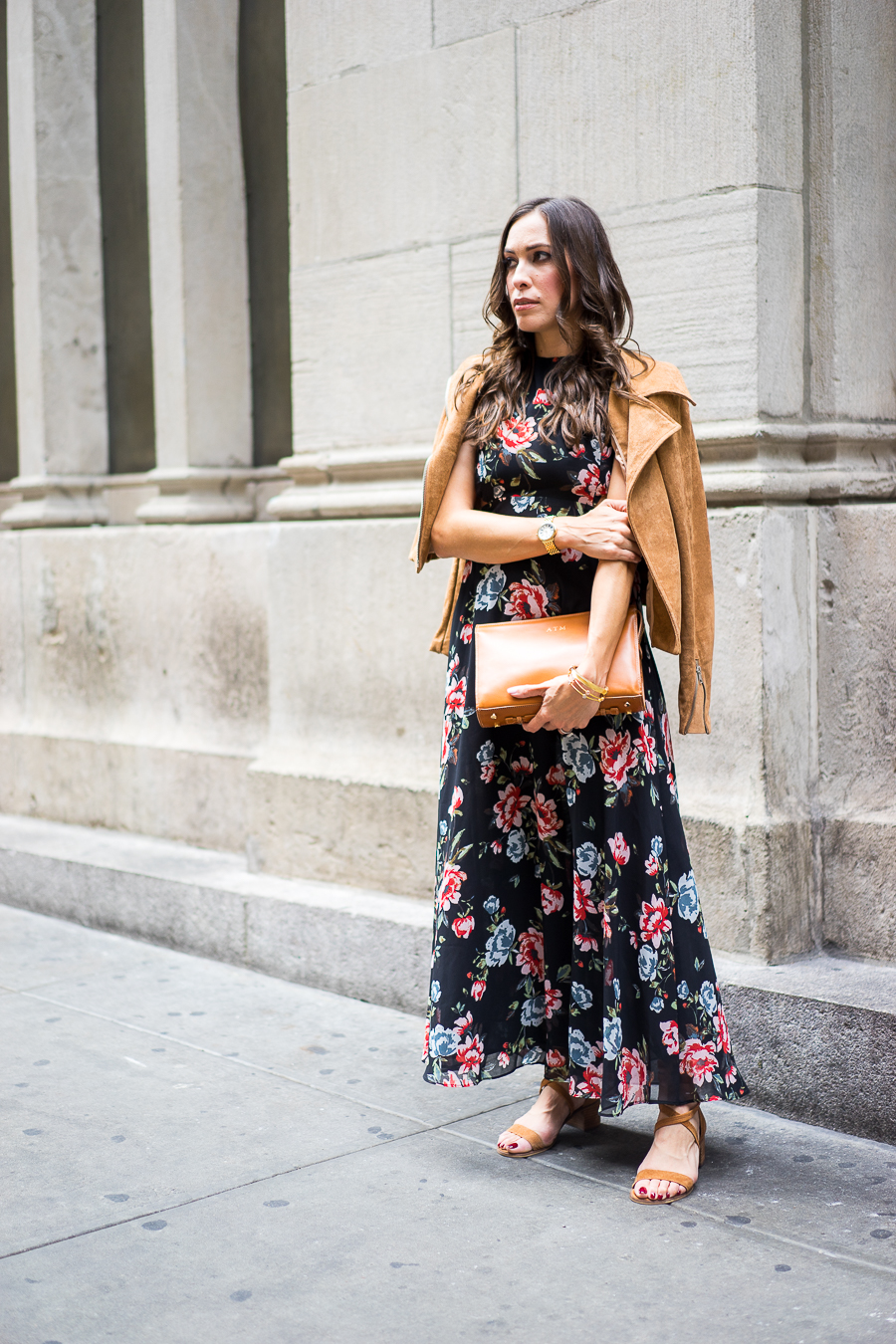 a-glam-lifestyle-blogger, zara-floral-maxi-dress, gigi-new-york-leather-clutch, tan-suede-jacket, new-york-fashion-week-outfit