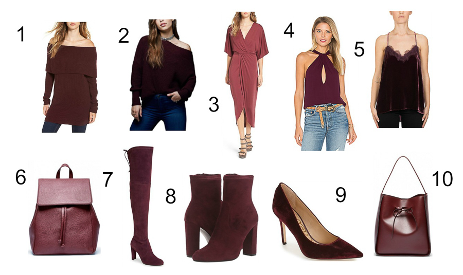 A Glam Lifestyle blogger sharing her color crush - burgundy with picks including a burgundy dress, burgundy sweaters, burgundy booties, and burgundy bags
