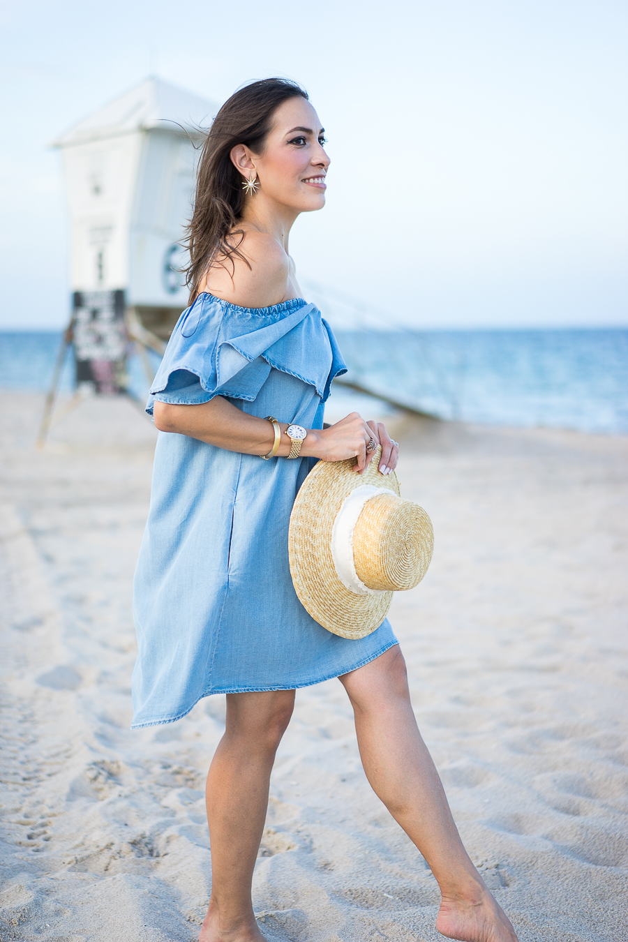A Glam Lifestyle fashion blogger wearing Zara dress Chambray denim dress with Rag and Bone Laurie straw boater hat and MGemi sandals
