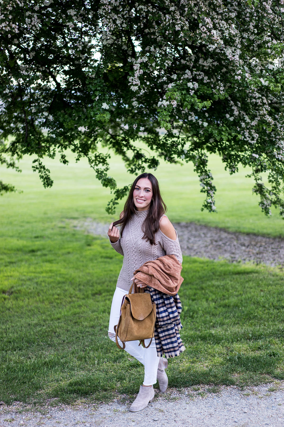 a glam lifestyle fashion blogger wearing aqua cashmere cold shoulder sweater with sam edelman petty booties plaid blanket scarf and tan suede backpack 