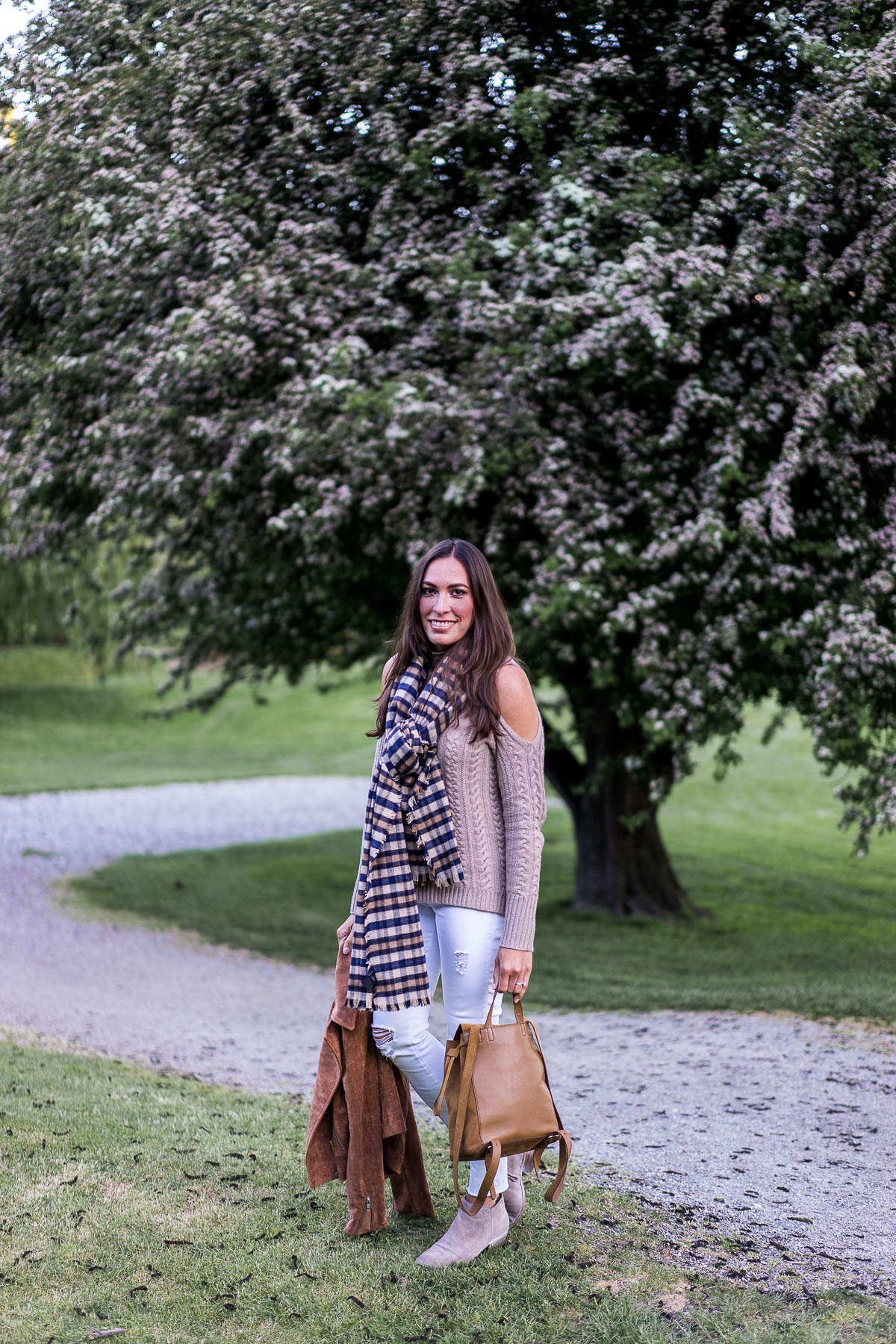 fashion blogger a glam lifestyle wears aqua cold shoulder sweater from bloomingdales with loeffler randal backpack and plaid blanket scarf for fall fashion