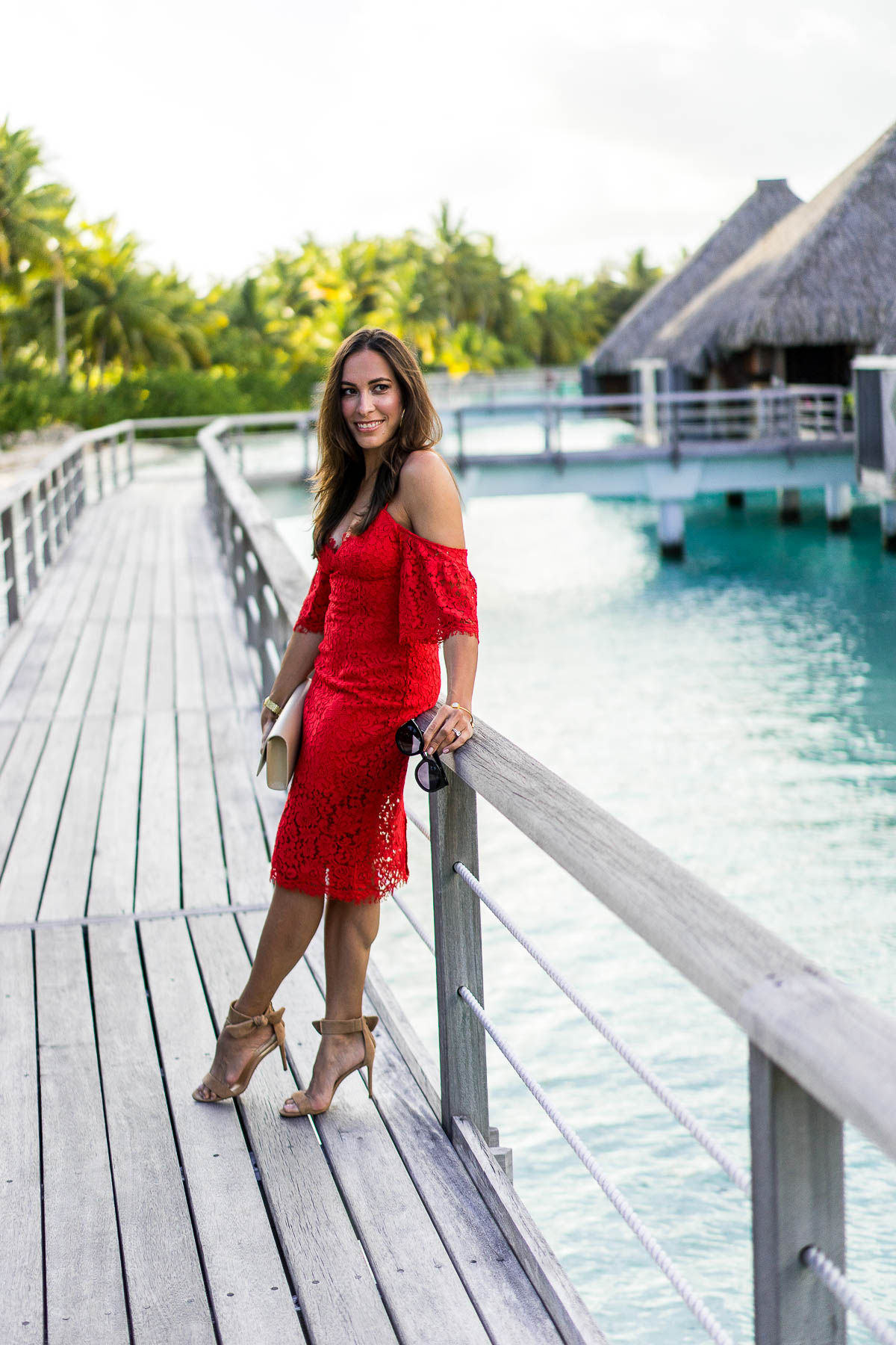 a glam lifestyle fashion blogger wearing bardot dress at regis bora bora resort top honeymoon destination, bardot cold shoulder dress, banana republic bow sandals