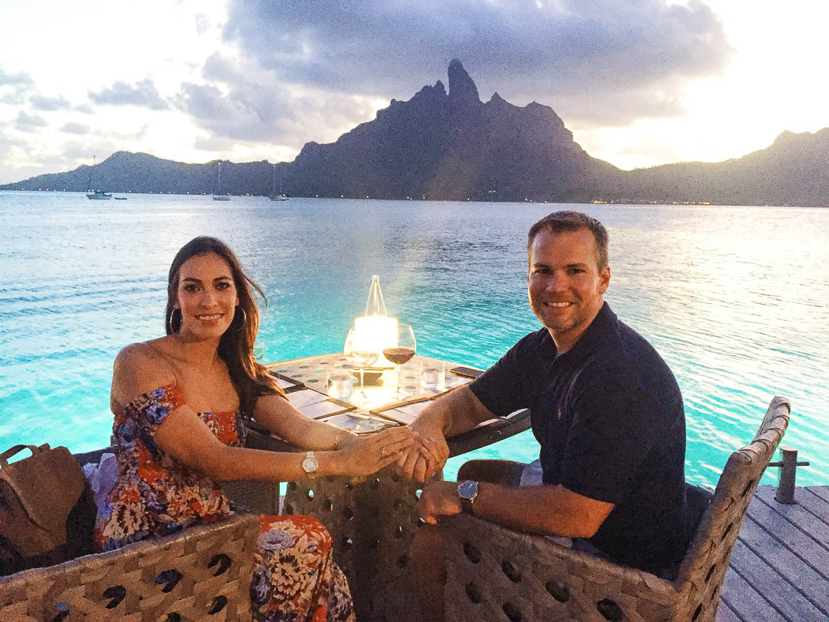 A Glam Lifestyle blogger eats at Lagoon Restaurant at St Regis Bora Bora Resort with husband