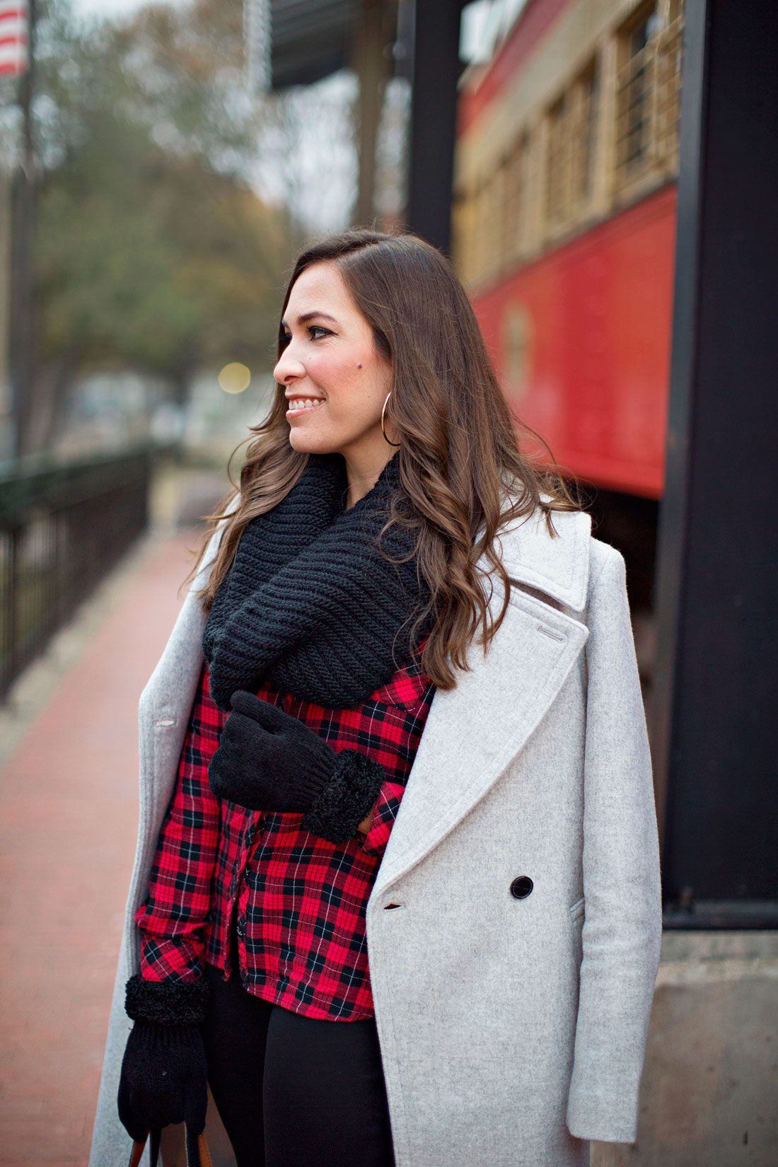 Amanda from A Glam Lifestyle blog shows you how to wear the Club Monaco Daylina coat with buffalo plaid shirt and black infinity scarf for casual holiday outfit