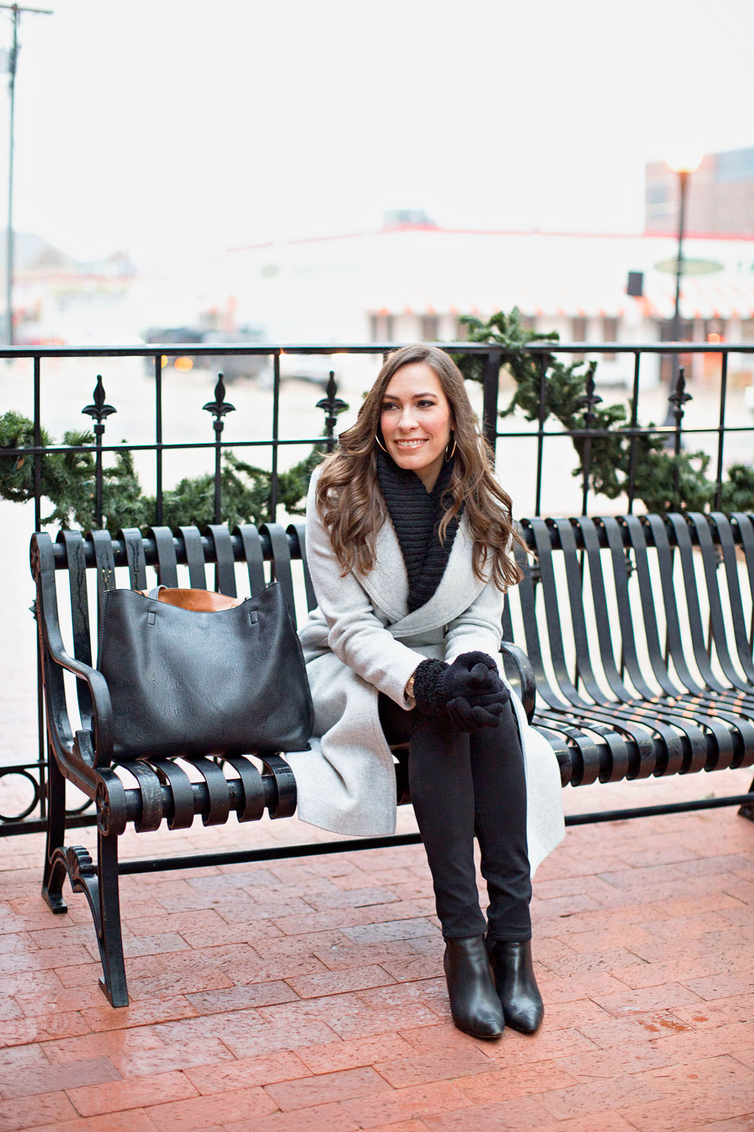 Amanda from A Glam Lifestyle fashion blog enjoys historic downtown Plano Texas wearing Club Monaco Daylina coat and Nordstrom reversible tote with ASKA Collection Troy booties and Target black infinity scarf