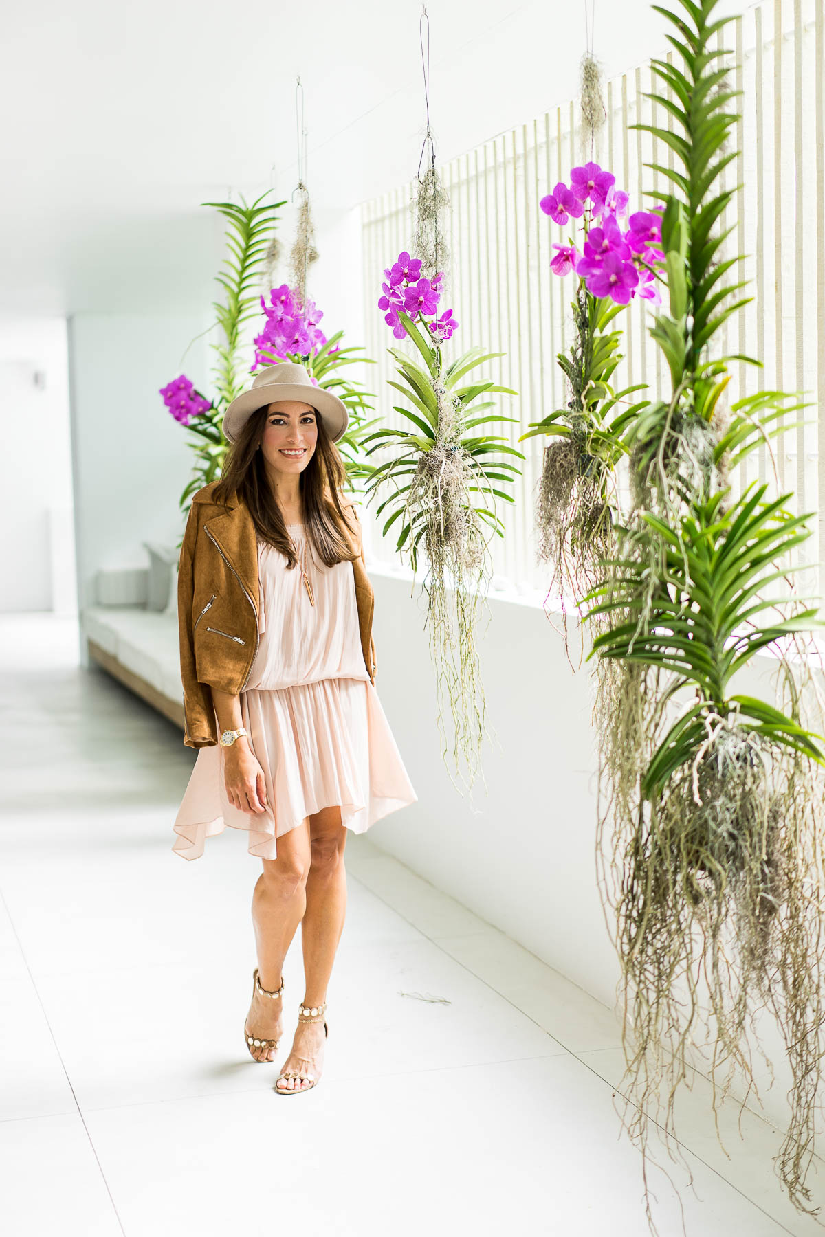 A Glam Lifestyle blogger Amanda wears Ramy Brook blush dress and tan suede moto jacket at Art Basel in Miami Beach 2016