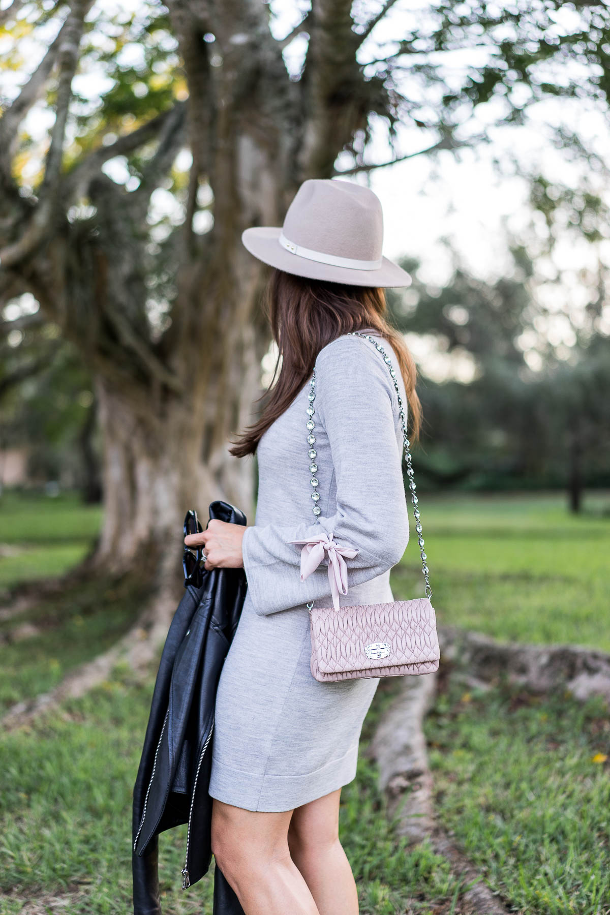 A Glam Lifestyle blogger Amanda confirms her New Years goals while wearing Club Monaco Sohrab sweater dress and Club Monaco fedora while carrying Miu Miu Nappa Crystal bag