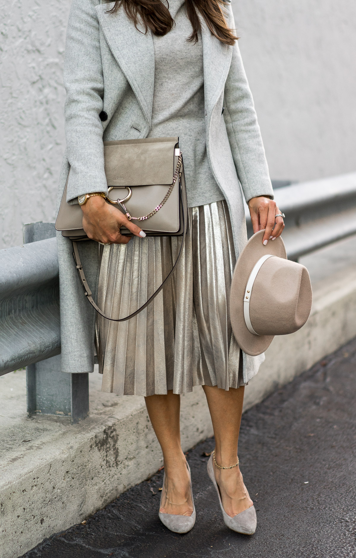 Cashmere Sweater, Pleated Skirt & Chloe Faye