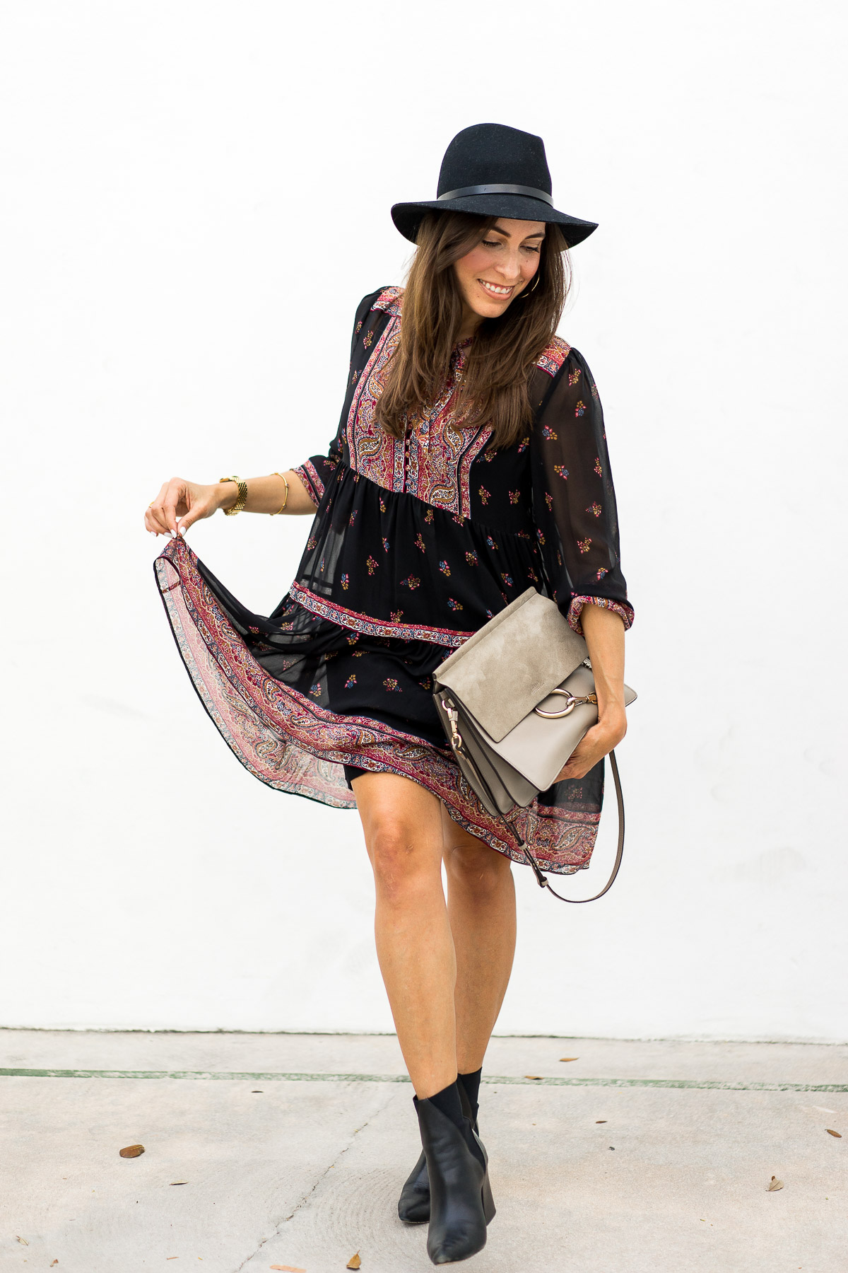 Blogger Amanda from A Glam Lifestyle wears Joie Alpina dress over the weekend with Rag and Bone black fedora black ASKA Troy booties and Chloe Faye bag