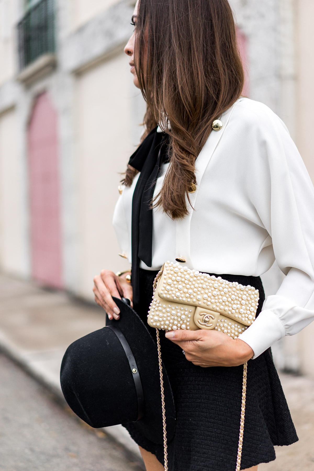 Chanel pearl bag is beautifully styled by Amanda of A Glam Lifestyle blog with Storets affordable fashion