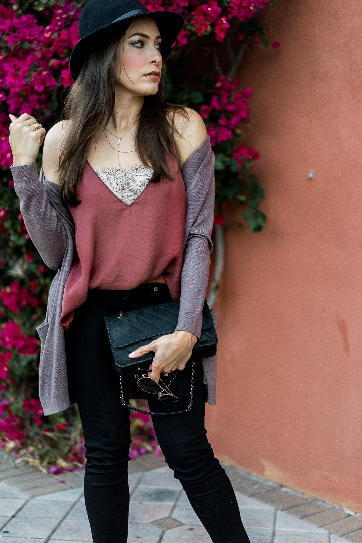 Free People Deep V lace cami worn with Old Navy open front cardigan as shown by South Florida blogger Amanda from AGlamLifestyle