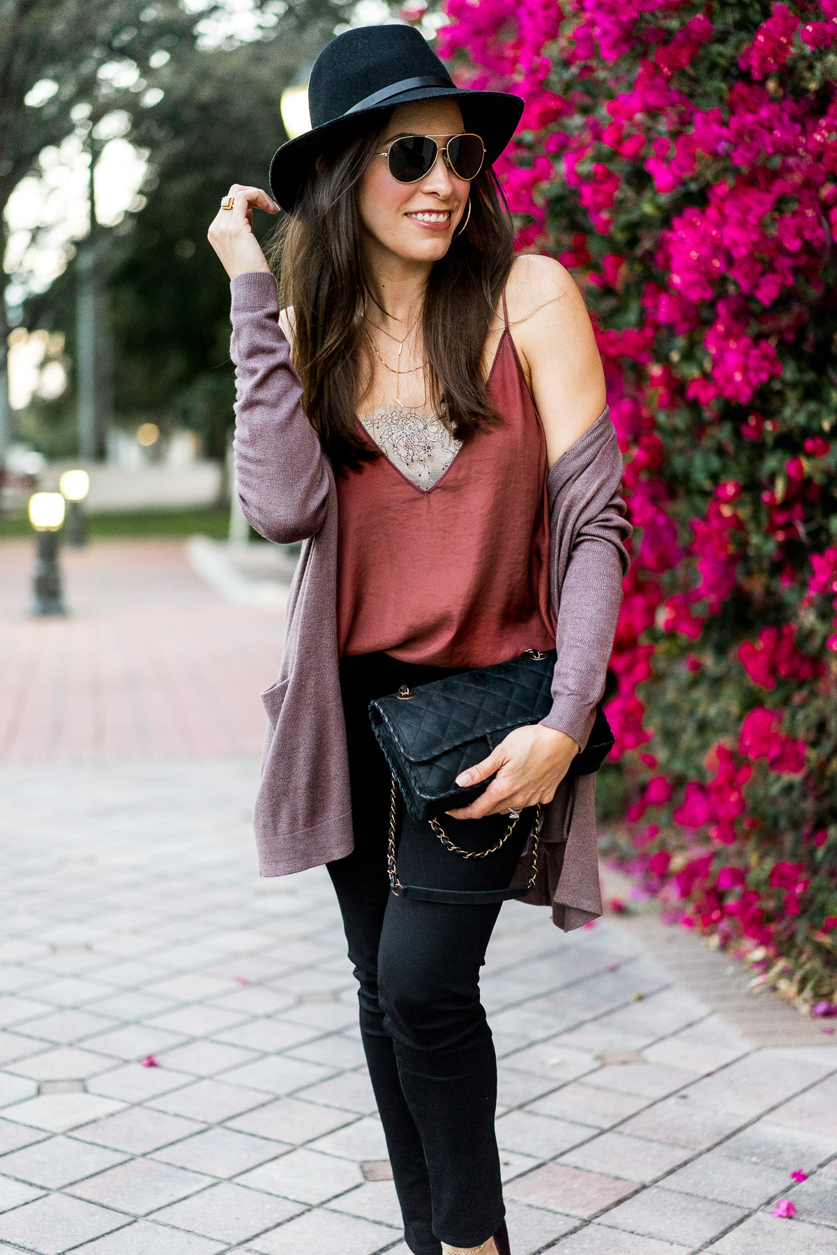 Free People Deep V Cami is styled by Amanda of AGlamLifestyle blog with classic Chanel bag and Old Navy open front cardigan