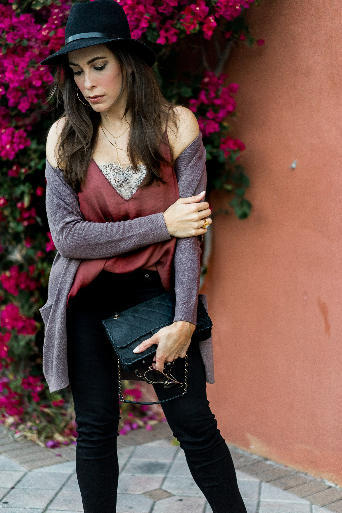 Free People Deep V cami with lace is worn by Amanda of AGlamLifestyle blog with her draped Old Navy open front cardigan while carrying her classic Chanel bag