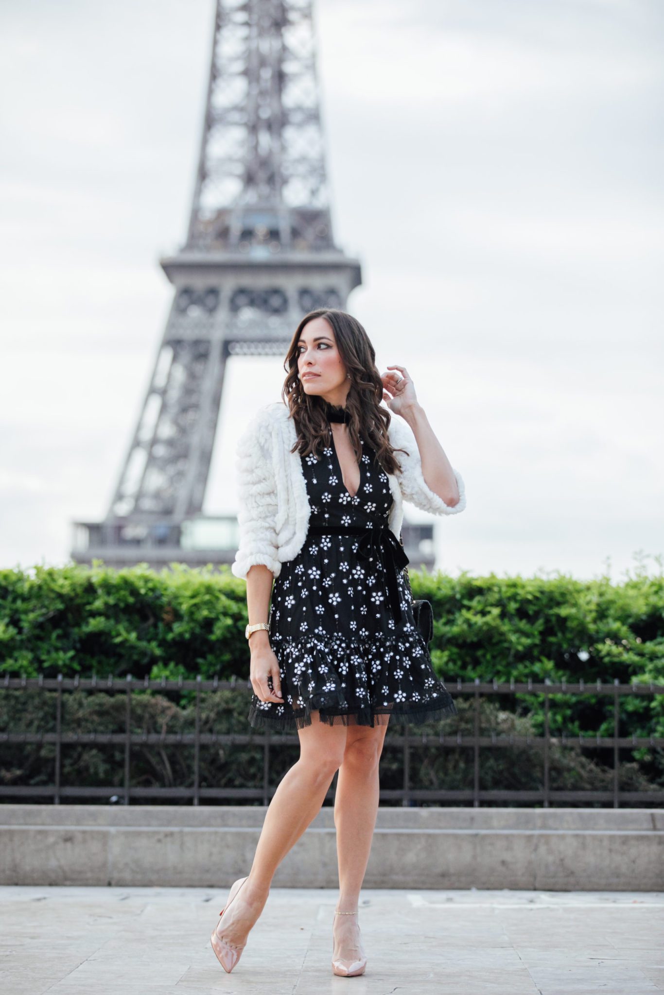 Alexis dresses shown by AGlamLifestyle blogger Amanda in Paris wearing Alexis Poppy dress with BCBG fur shrug