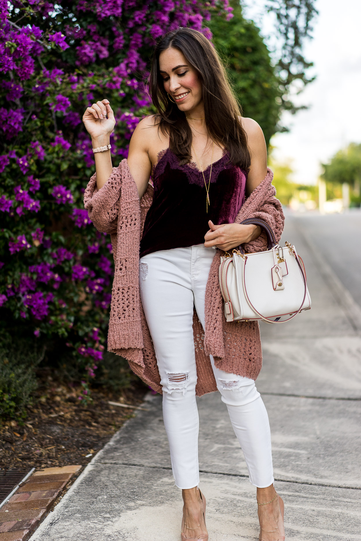 White Coach Rogue tote bag styled by Amanda of A Glam Lifestyle for Spring