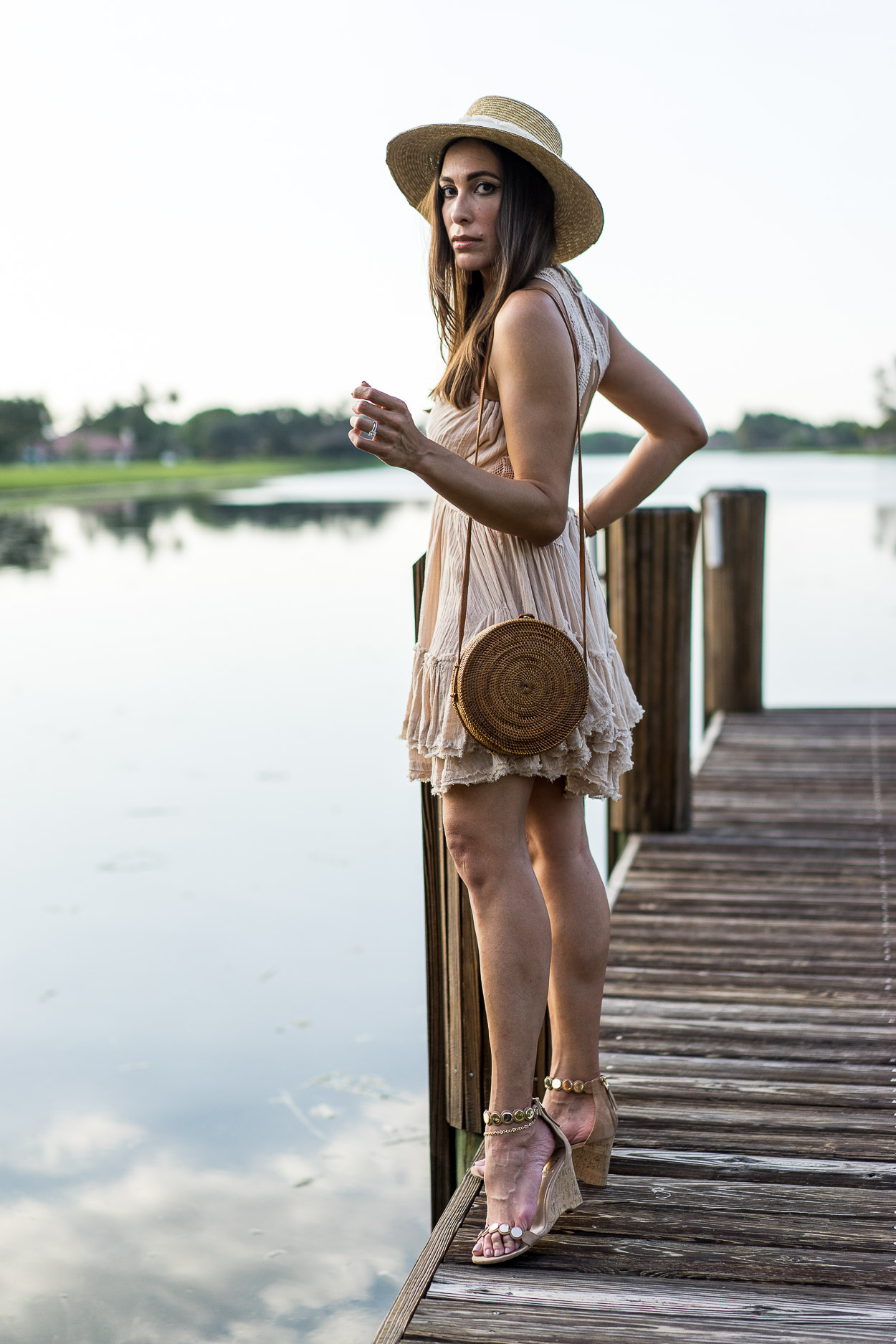 Amanda wears Free People 200 Degrees mini dress for boho inspired style as a Summer style staple with round bag and Rag and Bone straw boater hat