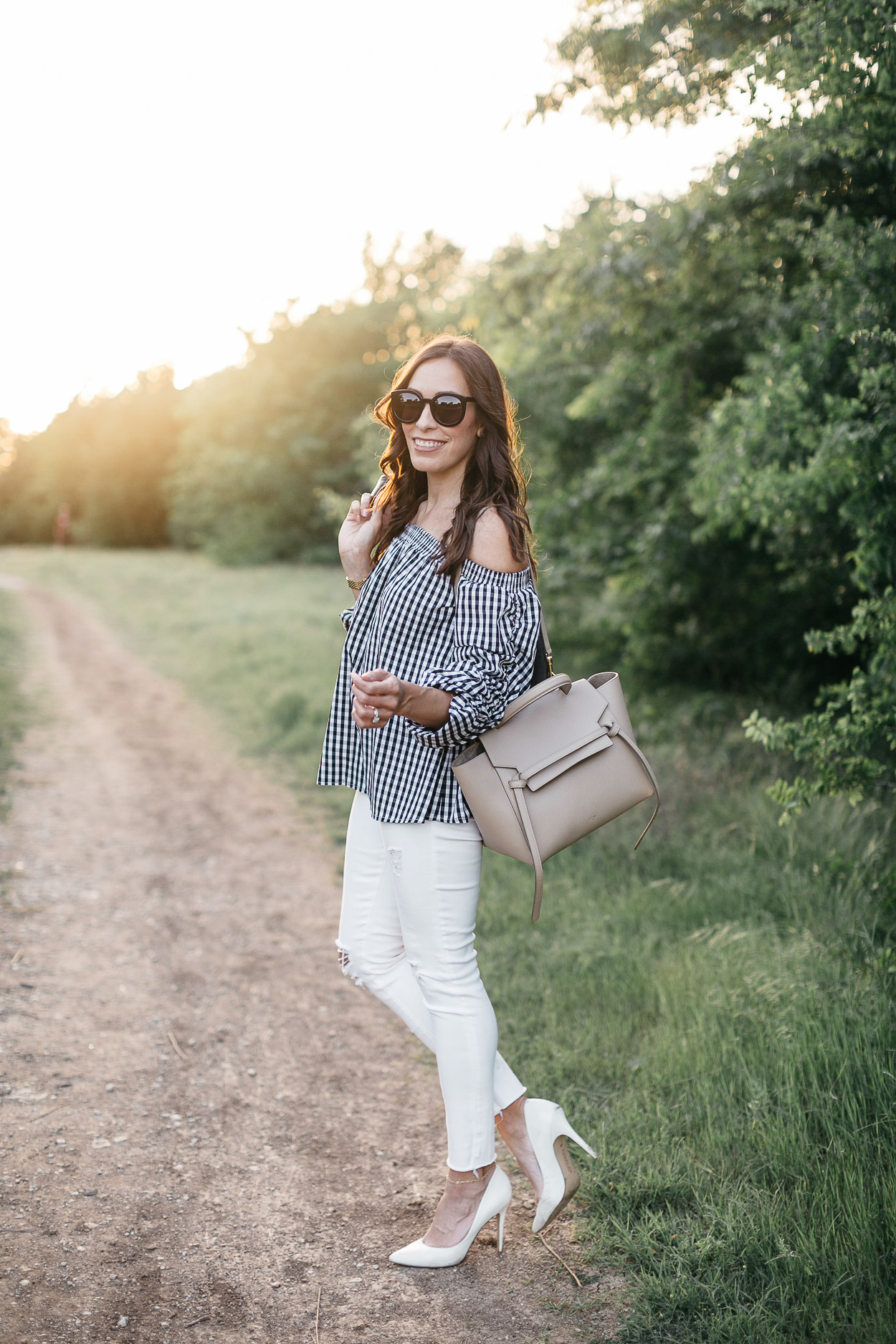 Gingham top from Chicwish worn with nude Celine Belt bag and classic white denim by Amanda of AGlamLifestyle blog